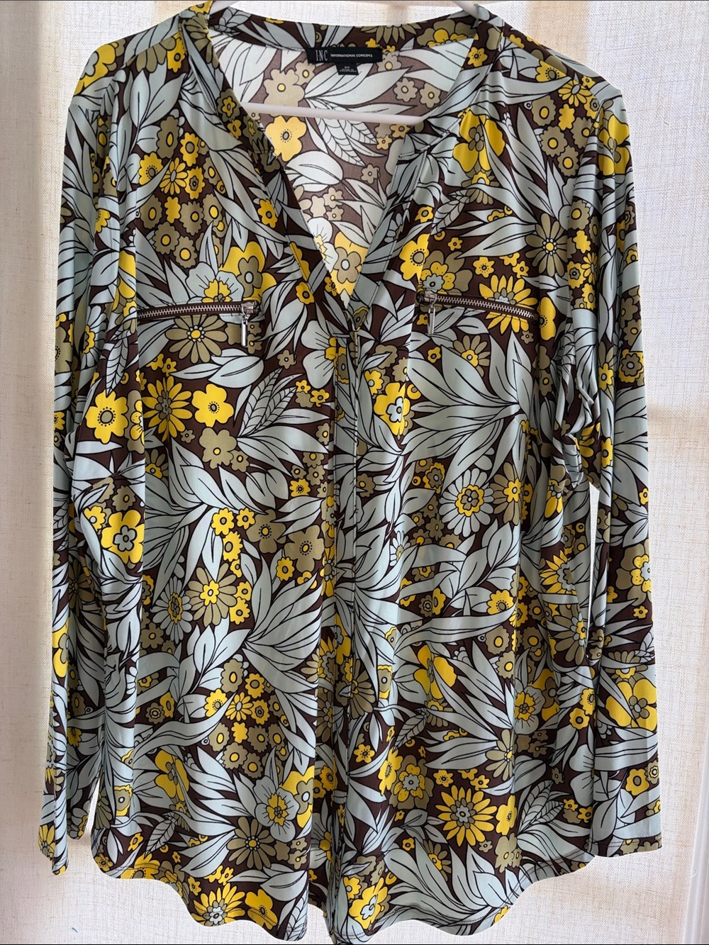 INC International Concepts Yellow and Mint Floral Button-Front Shirt